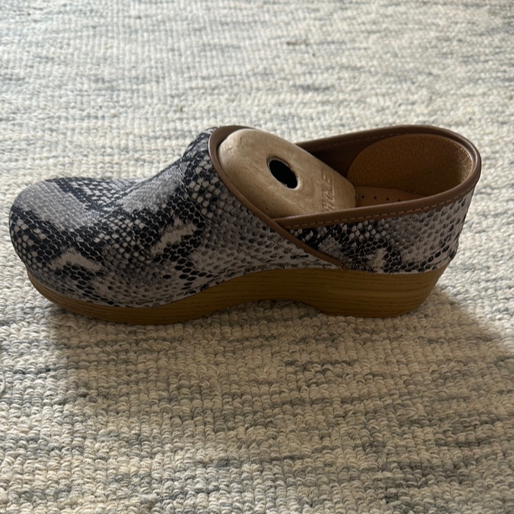 Dansko Snakeskin Clogs with Tan Sole